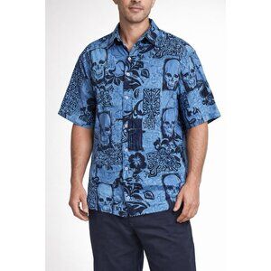 Box Office Island Skull Tiki Print Hawaiian Shirt Blue Mens Size XL